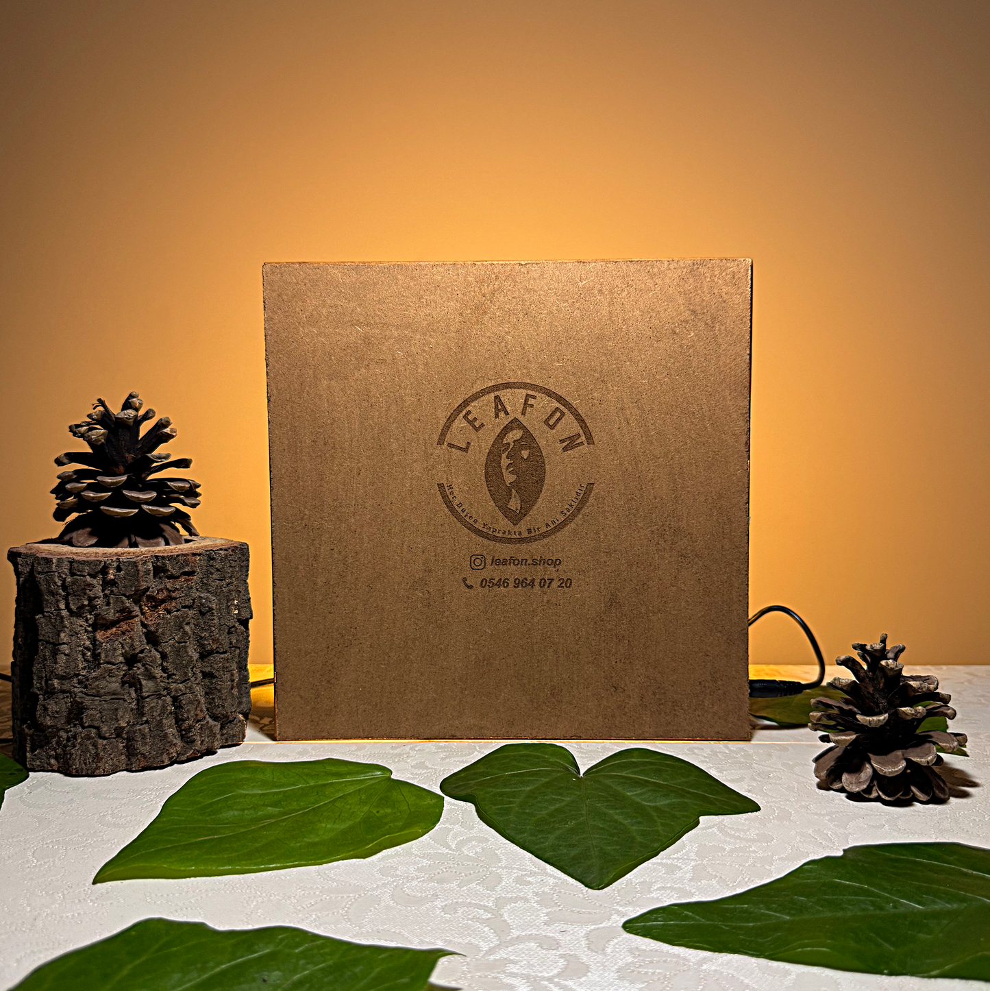Nature's Glow - 23x23cm Işıklı Özel El Yapımı Ahşap Çerçevede Canlı Yaprak Üzerine Kişiye Özel İşleme